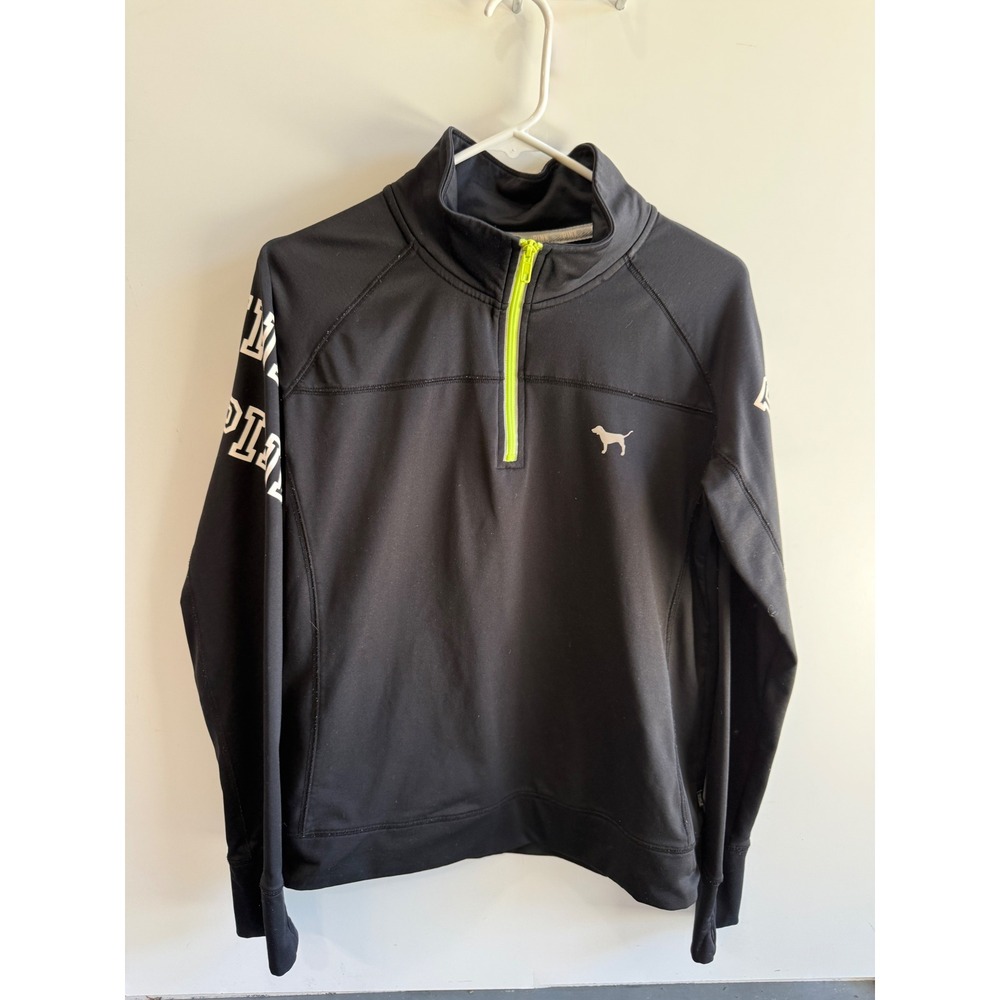 Victoria's Secret PINK Quarter Zip Pullover Black Neon Yellow Logo Large